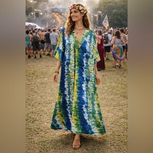 Fun 1970s Watercolor Kaftan Blue Tie-Dye Boho Resort Wear- *Mrs Roper [000152]